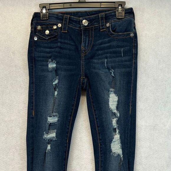 TRUE RELIGION Women’s Jeans Size 27 Blue Halle Mid Rise Capri Distressed Skinny - Picture 3 of 16